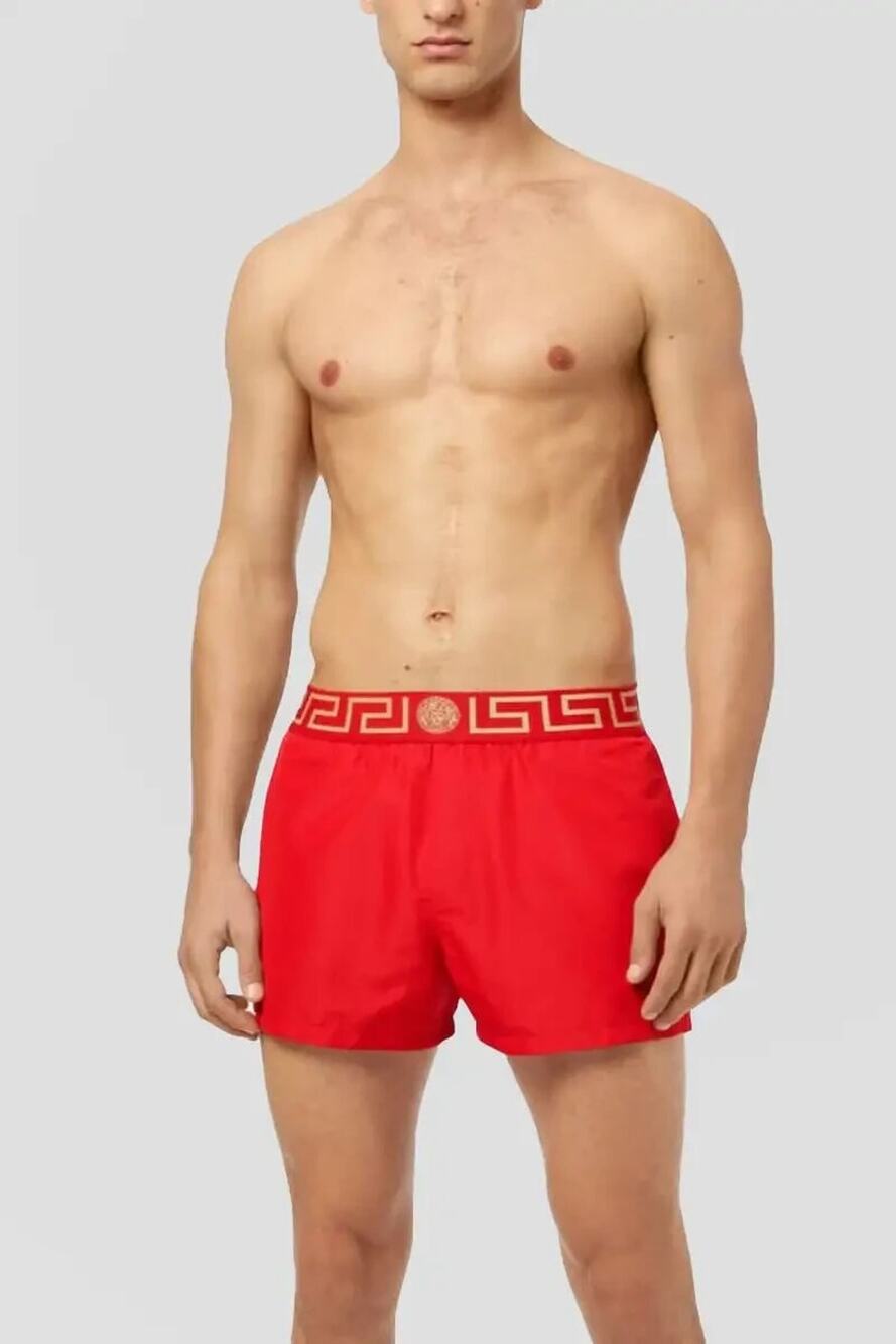 NWT Versace Greca Border Swim Shorts IT 8 US 2XL Red Medusa Logo Elastic Waist